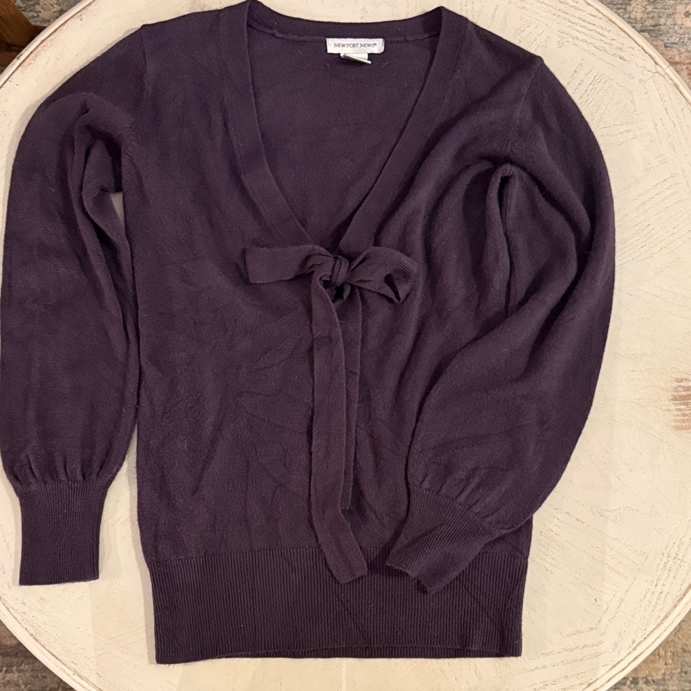 Newport News Vtg Soft Cozy Classic Deep Purple V-Neck Tie-Front Sweater - XS